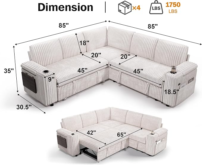 Vipbear 86" Modular Sectional Sleeper Sofa with Pull Out Bed, 5 Seat Plush Corduroy L Shaped Couch with Storage Seat|USB Ports|Cup Holders|Side Table|Storage Armrests, Tool Free Assembly, Beige