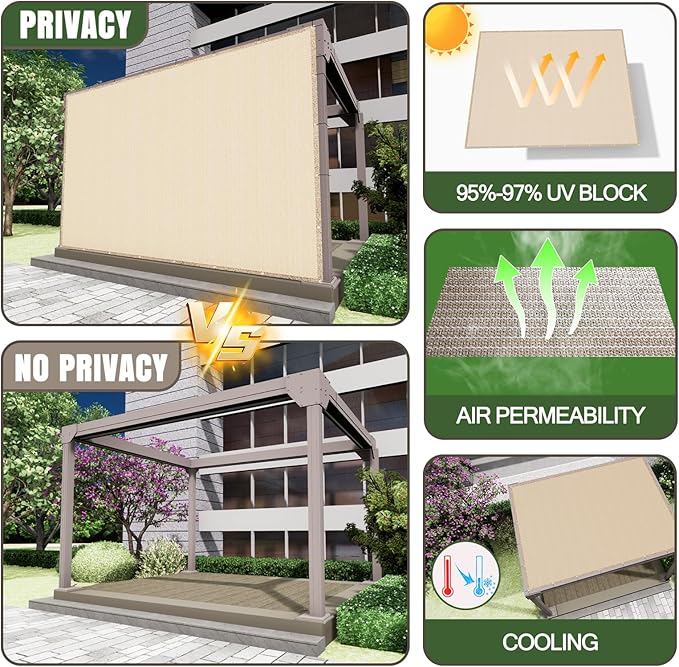 8'x 12' Pergola Shade Cover with Bungee Balls, Sand Outdoor Sun Shade Cloth with Grommets UV Block Privacy Screen for Patio, Garden, Backyard