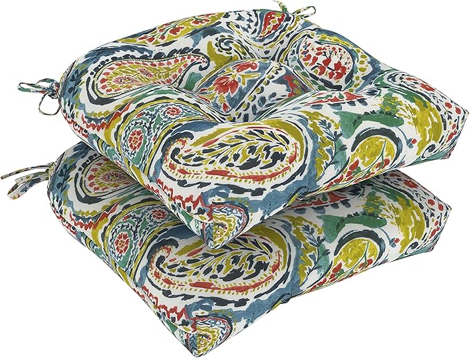 DYTXIII Set of 2 Outdoor Chair Cushions 19"x19"x4", Water Repellent Tufted Patio Seat Cushions with Ties, Thick Replacement Pads for Wicker Dining Chairs, Patio Furniture, Paisley Paradise