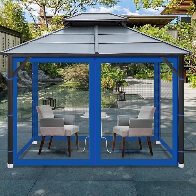 Gazebo Universal Replacement Mosquito Netting, 8' x 8' Outdoor Mesh Netting Screen 4-Panel Sidewall with Zipper for Patio, Canopy, Garden and Backyard, Blue(Mosquito Net Only)