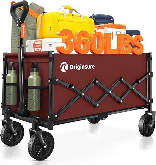 Originsure Collapsible Wagon Cart Foldable - Lightweight Portable Heavy Duty Folding Beach Wagons with Wheels - Outdoor Utility Carts for Grocery, Camping, Shopping, Sports with Large Capacity - Red
