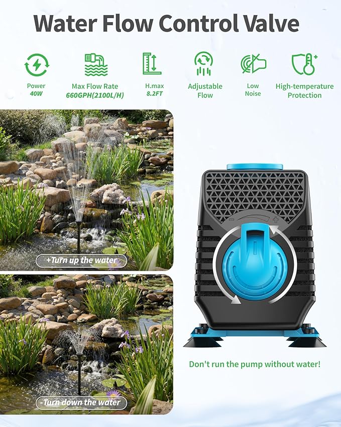 POPOSOAP Pond Fountain with LED Lights, 660GPH Submersible Pump RGB Pond Filter System with Adjustable Height & Water Flow for Garden Pond Fish Tank Day & Night Pond Decoration -P1104D