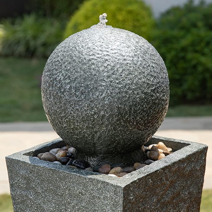 Glitzhome Outdoor Water Fountain, Outdoor Fountain with Pebbles, Pump and LED Light, 40.25" H Modern Geometric Pedestal and Sphere Polyresin Waterfall Fountain for Patio, Backyard, Garden, Deck Decor