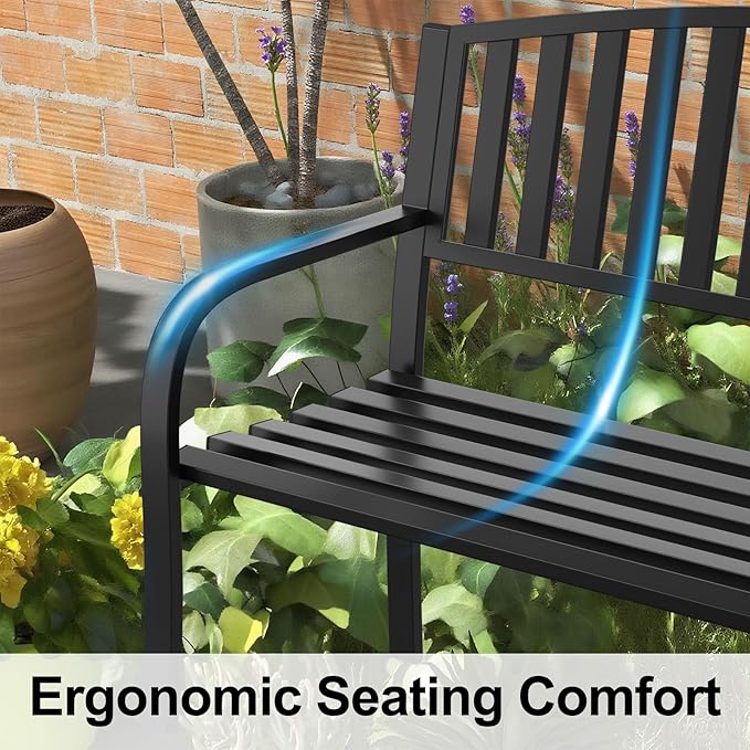 50" Heavy Duty Outdoor Bench, Metal Weatherproof Garden Bench Cast Iron Heavy-Duty Patio Bench with Decorative Backrest for Proch Park 880lb Capacity