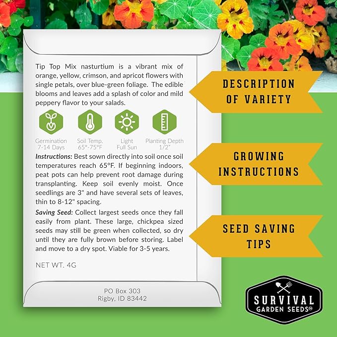 Nasturtium Seeds for Planting Outdoors – Tip Top Mix Heirloom Variety of Edible Flowers & Companion Plants, Non-GMO Seeds for Home Gardens - Survival Garden Seeds (2 Packs)