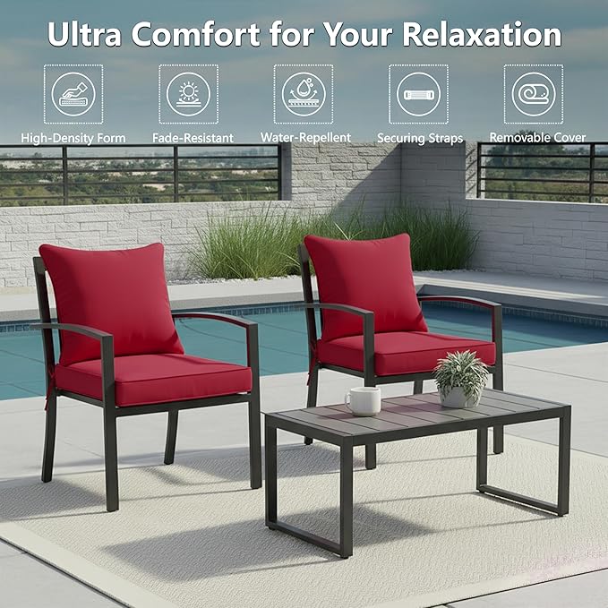 19x19 Inch Patio Chair Cushions Set of 2, Outdoor Furniture Cushions - Removable Cover, Water-Repellent, Fade-Resistant, Non-Slip Bottom & Straps, Replacement for Lawn, Porch & Deck Chair - Burgundy