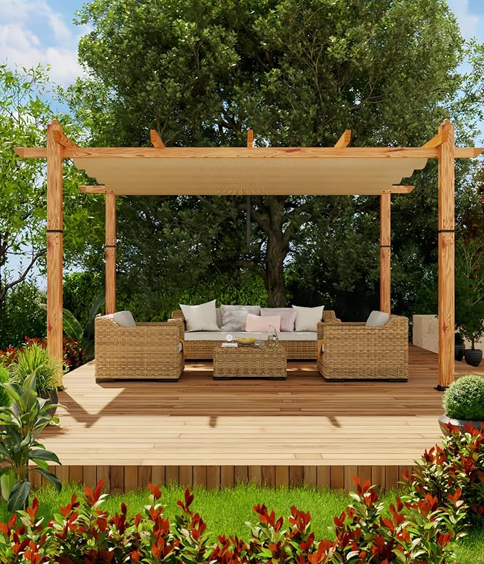 10' X 13' Outdoor Pergola with Retractable Canopy Aluminum Pergola Faux Wood Metal Pergolas Gazebo for Backyard, Deck, Patio, Garden Porch Beach Sun Shade Pavilion Grape Trellis Grill, Khaki