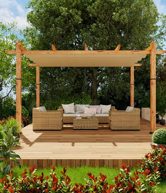 10' X 13' Outdoor Pergola with Retractable Canopy Aluminum Pergola Faux Wood Metal Pergolas Gazebo for Backyard, Deck, Patio, Garden Porch Beach Sun Shade Pavilion Grape Trellis Grill, Khaki