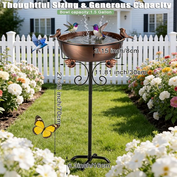 1.5 Gallon Metal Bird Bath for Outside, 38.18 Inch Vintage Freestanding Bird Bath with Upgraded 5 Pronged Base & Sturdy Metal Stake, Dual-Use Birdbath & Birdfeeder for Garden Patio Yard Lawn Decor