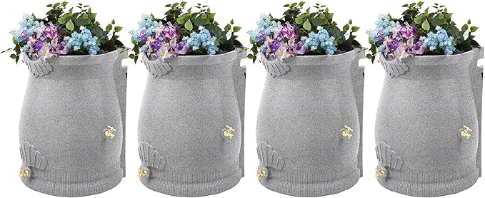 Good Ideas Rain Wizard 50 Gallon Rain Saver Barrel Water Storage Urn with Planter Space and 2 Brass Spigots, Light Granite (4 Pack)