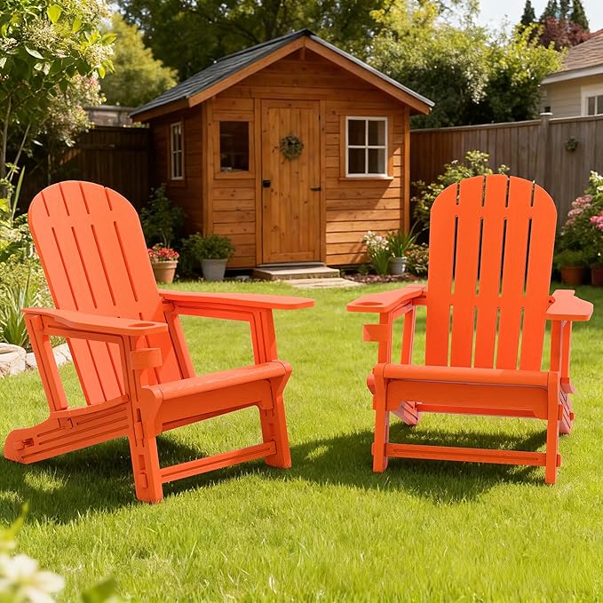 Vongrasig Adirondack Chairs Set of 2 with Removable Tabletop, Outdoor HDPE Plastic Fire Pit Chair Set with Wooden Textured, Cup Holder for Patio, Poolside, Deck, Garden, Orange, 3 Pieces