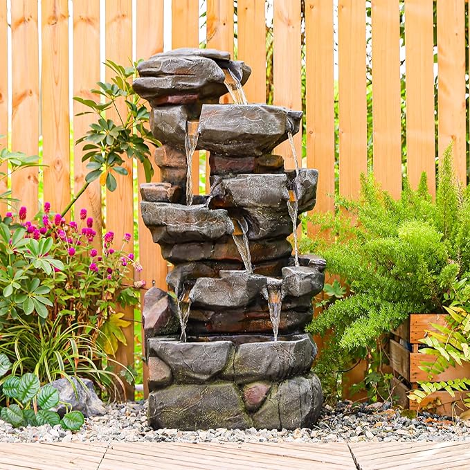Sunlinua 6-Tier Cascading Rock Water Fountain Outdoor Resin Stone Imitation Waterfall with LED Lights, Indoor/Outdoor Decor for Garden, Patio, Backyard, Porch and Home Art Decor