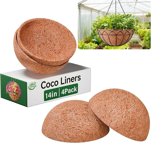 Halatool 14 Inch Hanging Basket Coco Liners Replacement, Round Coconut Liners for Planters Baskets, Made of 100% Natural Coco Fiber for Flowers Vegetables Garden, Drainage & Retain Moisture (4 Pack)