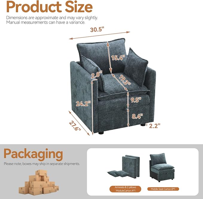 30" Modular Storage Single Sofa, Deep Seat Cloud Accent Chair, Oversized Storage Cloud Chair, Modern Chenille Reading Chair for Living Room, Apartment, Bedroom, Small Space, Blue