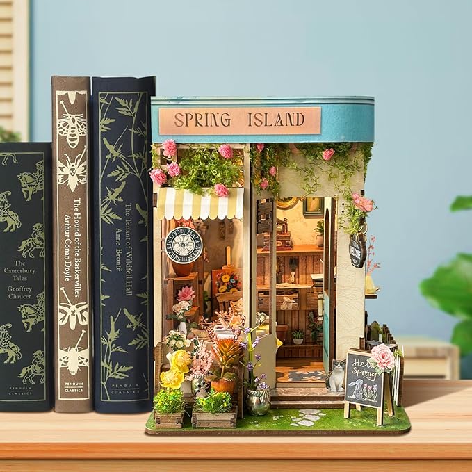 Book Nook Kit - DIY Miniature House Kit for Adults, Teens & Beginners, Spring Flower Shop Dollhouse Booknook Tiny House Bookshelf Decor 3D Wooden Puzzle, Gifts for Family, Friends