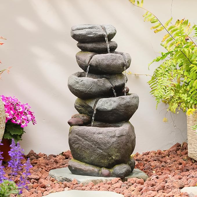 Bumilgar 27.8" H Outdoor Water Fountain with LED Lights, 5-Tier Cascading Stone Waterfall Fountain, Natural Rock Resin Outdoor Water Fountain for Garden Patio Backyard Porch Indoor Decor