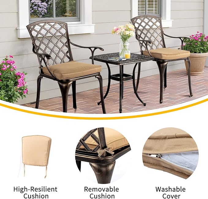 VINGLI Outdoor Dining Chairs Set of 4 with Cushion Aluminum Patio Chairs, Cast Aluminum Patio Furniture Aluminum Outdoor Chairs for Backyard, Poolside, Balcony Bronze (4, Grid Back with Cushion)