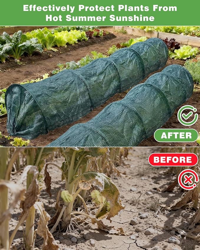 Foldable Garden Tunnel Sun Shade Hoop Cover,9.8×1.5 FT Portable Shade Cloth with Built-in Hoops Plant Cover,Ready-to-Use Garden Bed Shade Cover Netting for Vegetables,Fruits