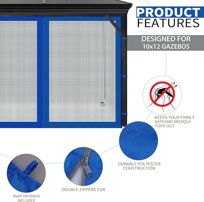 Gazebo Universal Replacement Mosquito Netting, 10' x 12' Outdoor Mesh Netting Screen 4-Panel Sidewall with Zipper for Patio Canopy Garden Porch Pergolas and Backyard, Blue(Mosquito Net Only)
