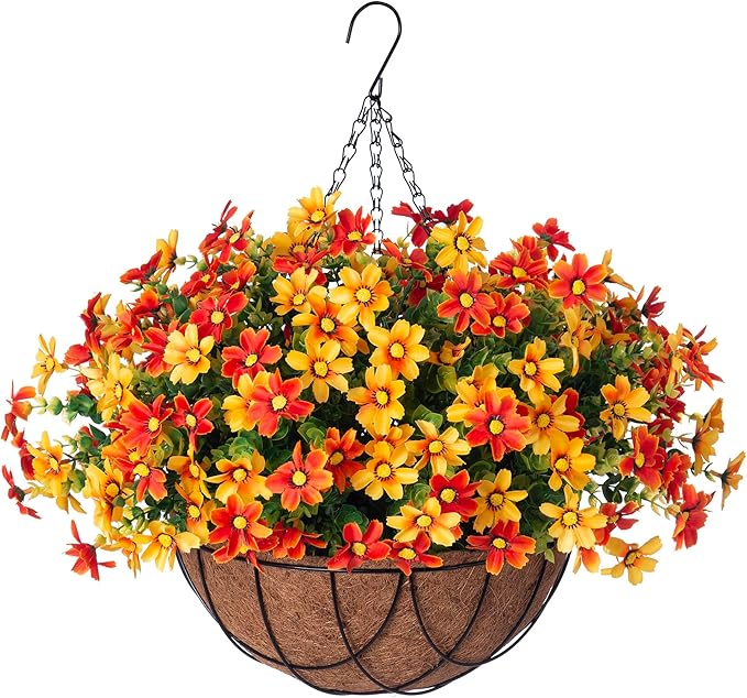 INXUGAO Artificial Flowers with Hanging Planter for Outdoor Decor, Faux Silk Daisy UV Resistant Plants in Basket for Indoor Porch Garden Yard Spring Summer Decor(Orange)