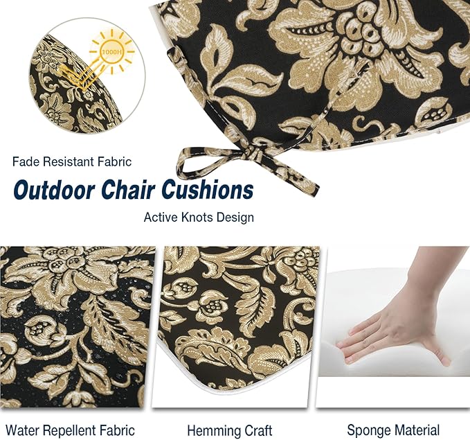 Outdoor 16"x17" Chair Pads Set of 4, Water Resistant Patio Chair Cushions with Ties, Seat Cushions for Home Garden Furniture Decoration, Jacobean Black