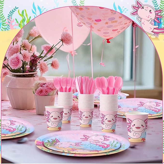 Funnymoom 400 Pcs Axolotl Birthday Party Supplies for 50 Guests Pink Cartoon Axolotl Paper Plates and Napkins Knives Spoon Fork Cup Disposable Reptile Animals Dinner Sets for Baby Shower Party