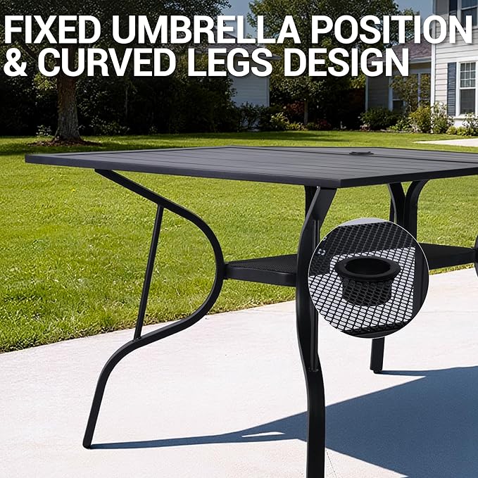 63"x38" Outdoor Dining Table for 6 Person, Metal Rectangle Patio Dining Table with Adjustable Umbrella Hole for Garden, Partitioned Storage Shelf, Backyard and Porch, Black