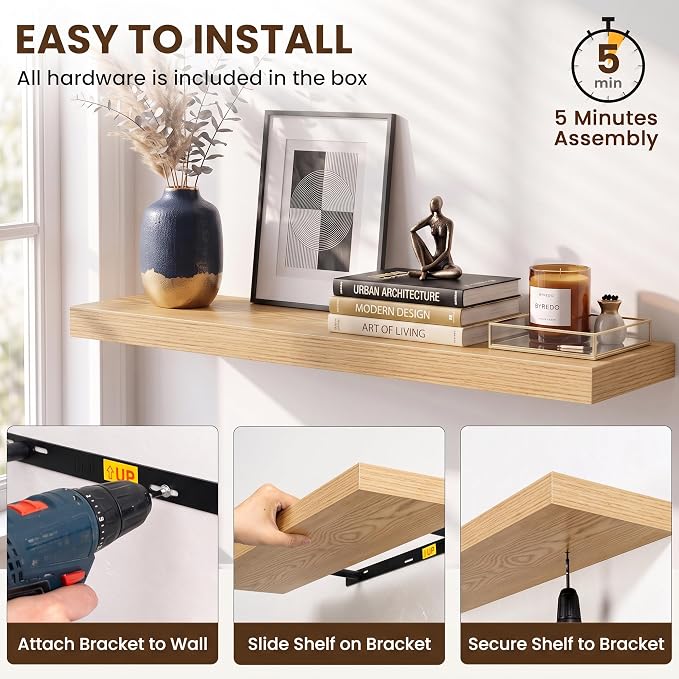 Acovy 30x8in Floating Shelves 2 Pack, Wall Mount Display Shelf, Light Brown | Invisible Brackets, 30lb Sturdy MDF, 30in Long, Easy Install, For Bedroom, Bathroom, Living Room, Kitchen & Office