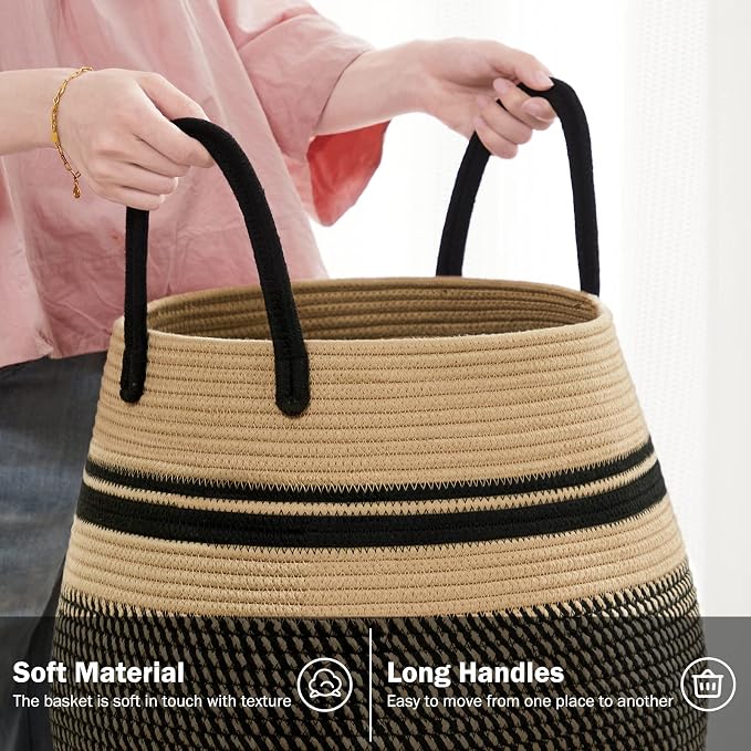 Large Laundry Hamper Basket 65L Woven Blanket Basket, Brown & Black