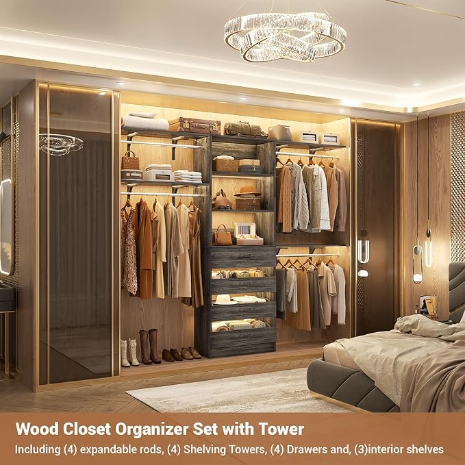 Aheaplus Closet System with 4 Drawers, 8FT Wood Closet Organizer System