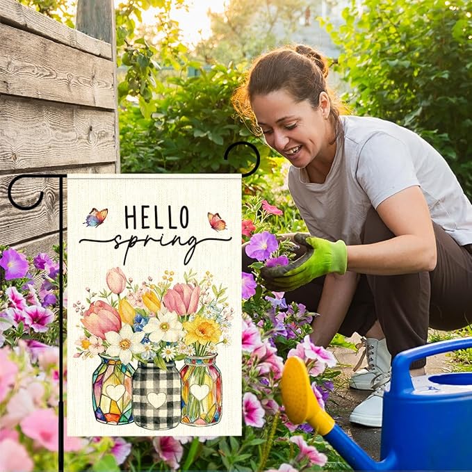 Hello Spring Flags for Outside,Floral Mason Jar Garden Flag for Yard Patio Lawn Decoration,12x18 Inch Double Sided