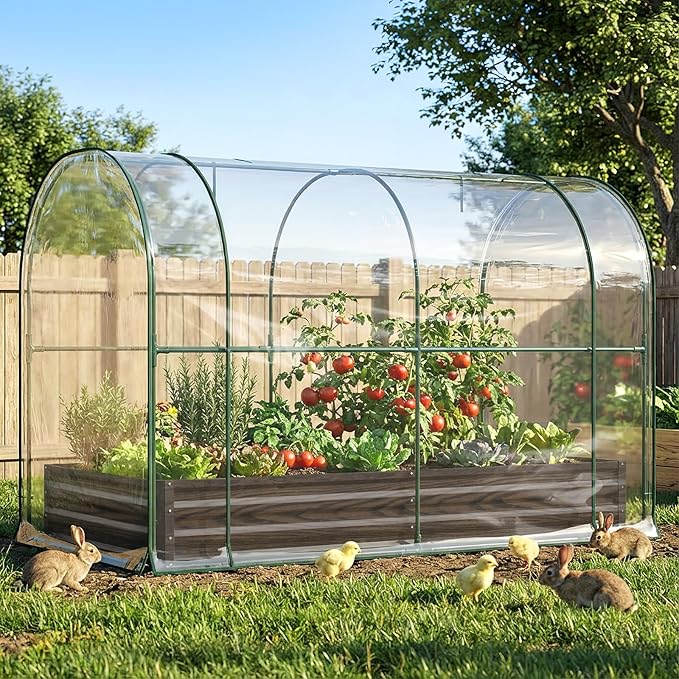 DoCred Galvanized Raised Garden Bed with PVC Cover, 84.6" x 45.3" x 47.2" Metal Planter Bottomless Box w/ Roll-Up Window, Mini Greenhouse Tent for Outdoor Growing Vegetables Flower Fruit