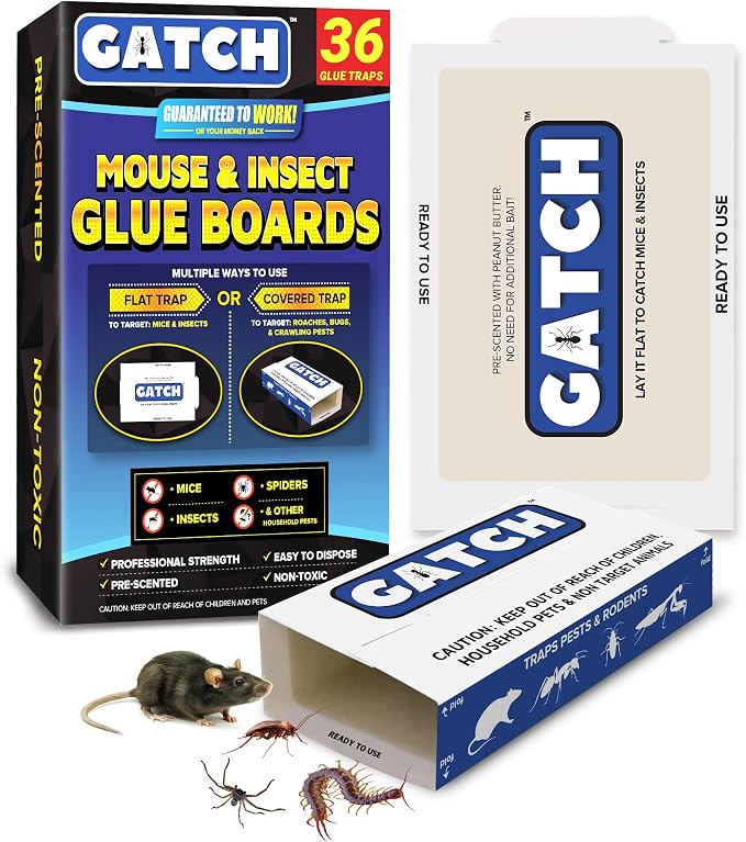 GATCH Mouse & Insect Glue Boards, 36pk Sticky Mouse Traps Indoor for Home, Pre-Baited Glue Traps for Mice Rodent Rat Bugs Cockroach, Non-Toxic Adhesive Roach Traps Indoor, House Pet Safe Pest Control