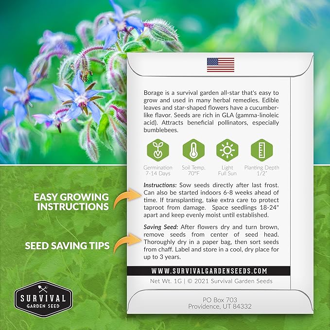 Survival Garden Seeds - Borage Seed for Planting - 3 Packs with Instructions to Plant and Grow Beautiful Medicinal Herb in Your Home Vegetable Garden - Non-GMO Heirloom Variety - Attracts Pollinators