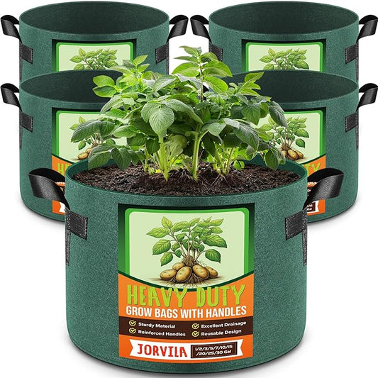 Jorvila 5 Pack 5 Gallon Grow Bags, Thickened Nonwoven Fabric Planter Pots with Handles, Heavy Duty 300G Garden Pots for Tomato, Potato and Vegetable