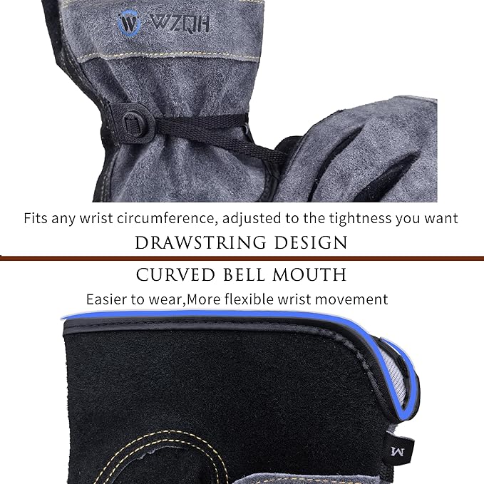 WZQH Leather Work Gloves for Men or Women. Small Glove for Gardening, Tig/Mig Welding, Construction, Chainsaw, Farm, Ranch, etc. Cowhide, Cotton Lined, Utility, Firm Grip, Durable. Grey-Black S