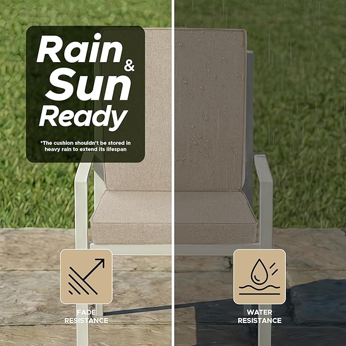 Outdoor Chair Cushions, Water-Resistant & Fade-Resistant, Patio Furniture Lawn Dining Chair Seat Replacement with Mid Back, Ties Zipper, Removable Cover, 18 x 16.5 Inch, Set of 2, Natural