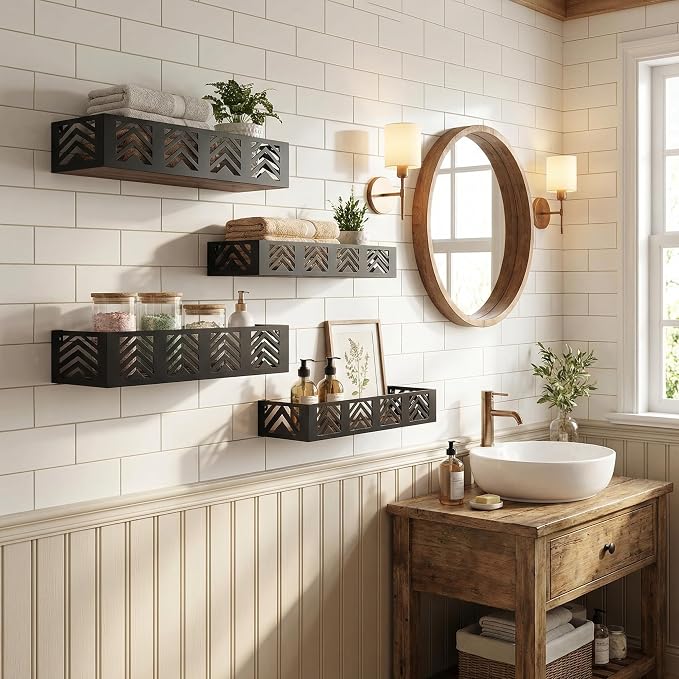Floating Shelves Set of 4, Home Metal Wood Shelf, Black