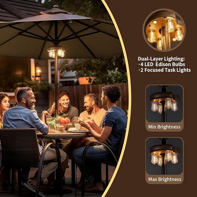 Dark Wood Grain Patio Umbrella Light with Remote Control, Rechargeable Cordless LED Edison Bulbs Pole Light with 10 Brightness Levels for Garden, Patio, Backyard, Camping or BBQ (2 Pack)