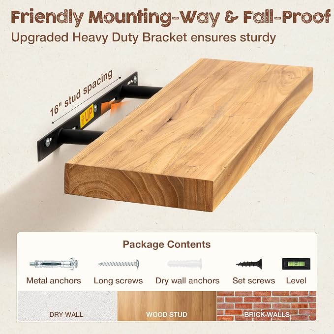 fuqing Floating Shelves for Wall, 20 Inch Rustic Solid Elm Wood Shelves