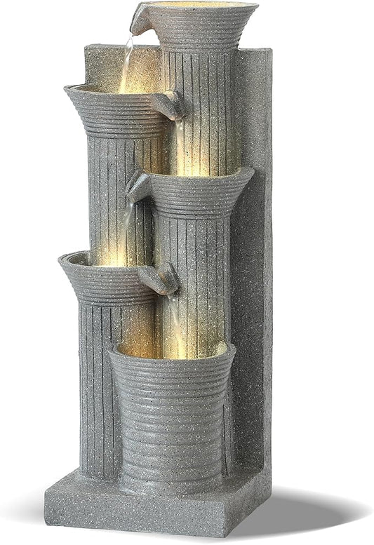 Grepatio Outdoor 5-Tiers Cascading Water Fountain, Garden Waterfalls Fountain with LED Lights, 24" H Modern Indoor Floor Standing Water Fountains with Pump for Patio, Yard, Deck Decor (Light Grey)