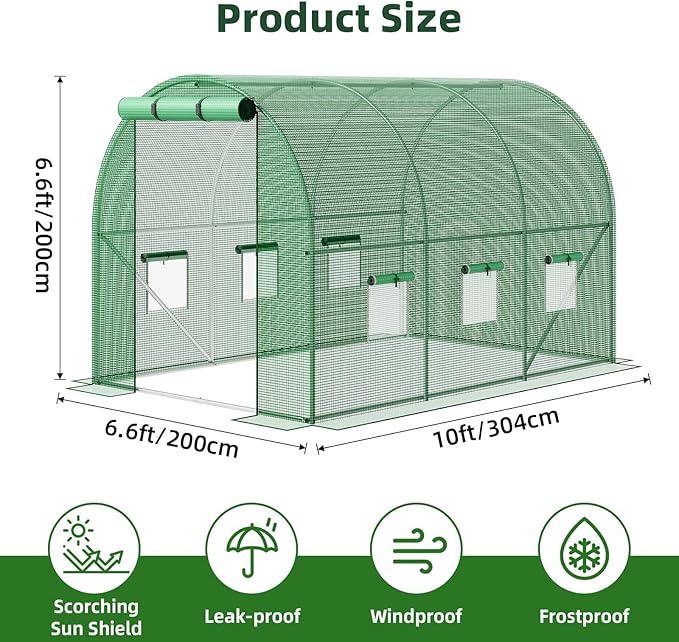 Superlele 10x7x7FT Tunnel Greenhouse for Outdoors, Heavy Duty Walk in Greenhouse, Large Garden Green House with Reinforced PE Mesh Cover, 6 Windows with Screen, Stakes and Ropes, Green