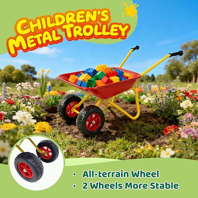 Kids Metal Wheelbarrow with Single Wheel,Children Garden Cart with Steel Tray and Non-Slip Handles, Sturdy Outdoor Yard Toy for Toddlers, Ideal for Sand, Leaves, and Soil (Red-Two-Wheel)