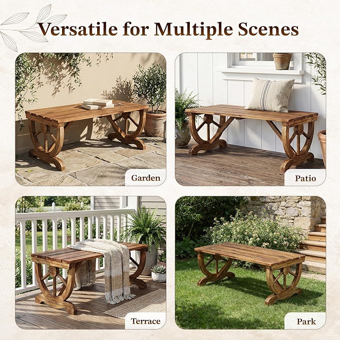 Outvita 39'' Outdoor Wooden Bench, 2-Person Rustic Wagon Wheel Bench with Slatted Seat and Carbonized Fir Wood Construction, Weather-Resistant Garden Bench for Patio, Porch and Backyard(Light Brown)
