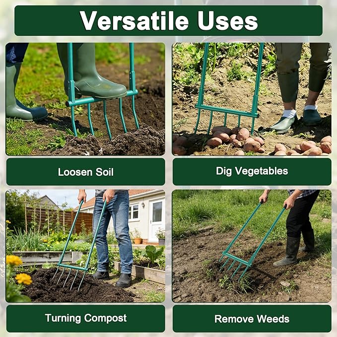 Broad Fork Garden Tool - 5 Tines Heavy Duty Broadfork for Digging, Cultivating & Loosening Soil, Ergonomic U-Shaped Design Hand Tiller for Gardening & Farming
