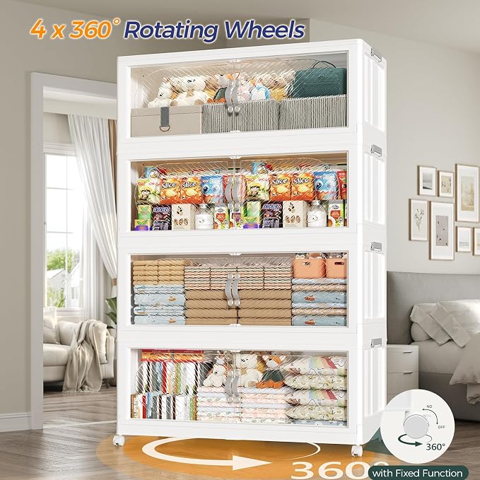 720QT Extra Large Stackable Storage Bins with Lid, 180Gal Plastic Closet Organizers and Storage Drawer, Collapsible Cabinet Box with Wheels Clear Doors for Home Kitchen Garage, 6Pack White