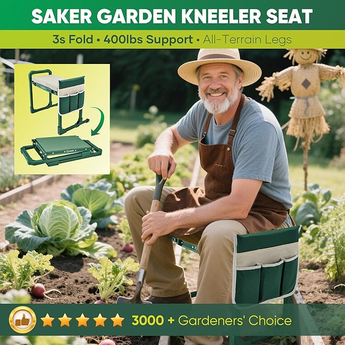 Saker Garden Kneeler and Seat Foldable Gardening Stool with Extendable Legs & Thickened Pad, Tool, Heavy Duty 500lbs Support for Elderly, Gardening, Outdoor Use
