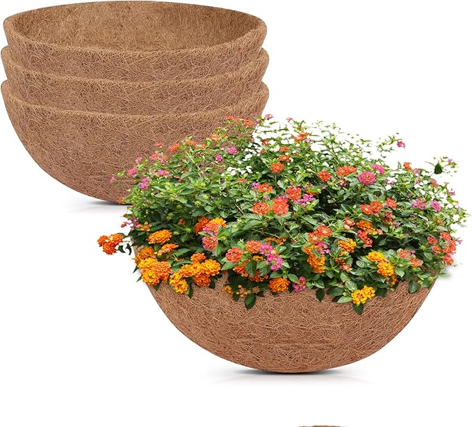 GreatBuddy 4 Pcs Coconut Hanging Basket Liners 14 Inch, Sturdy Round Coco Liners for Planters, Perfect Replacement for the Old, 100% Natural, Easy to Straighten Out