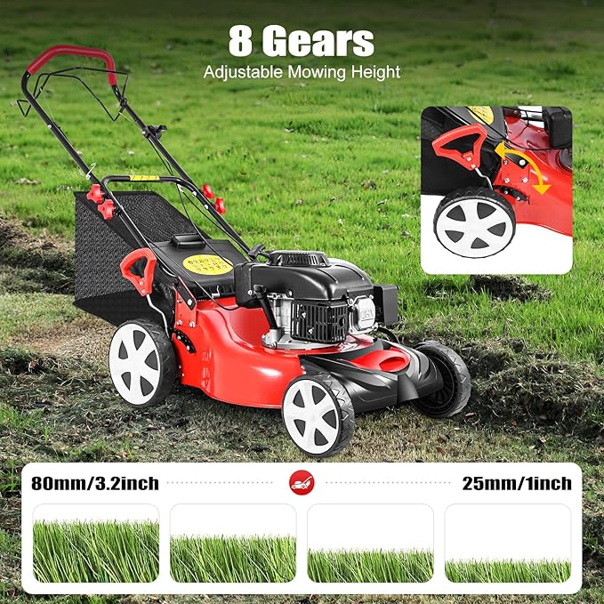 Gas Lawn Mower, 5HP 140CC 4-Stroke Self Propelled Gas Lawn Mower 2800RPM High Speed Gas Powered Weed Sweeping Machine with 20-Inch Cutting Width, 8 Gears Height Adjustable Lawn Mower for Garden Lawn