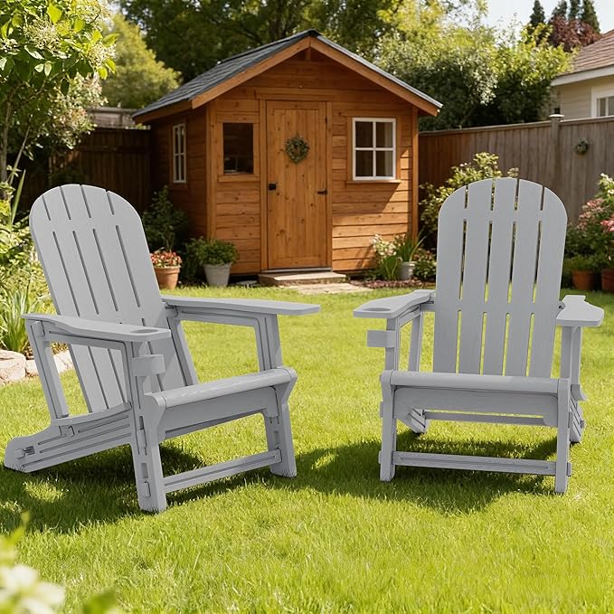 Vongrasig Adirondack Chairs Set of 2 with Removable Tabletop, Outdoor HDPE Plastic Fire Pit Chair Set with Wooden Textured, Cup Holder for Patio, Poolside, Deck, Garden, Light Grey, 3 Pieces